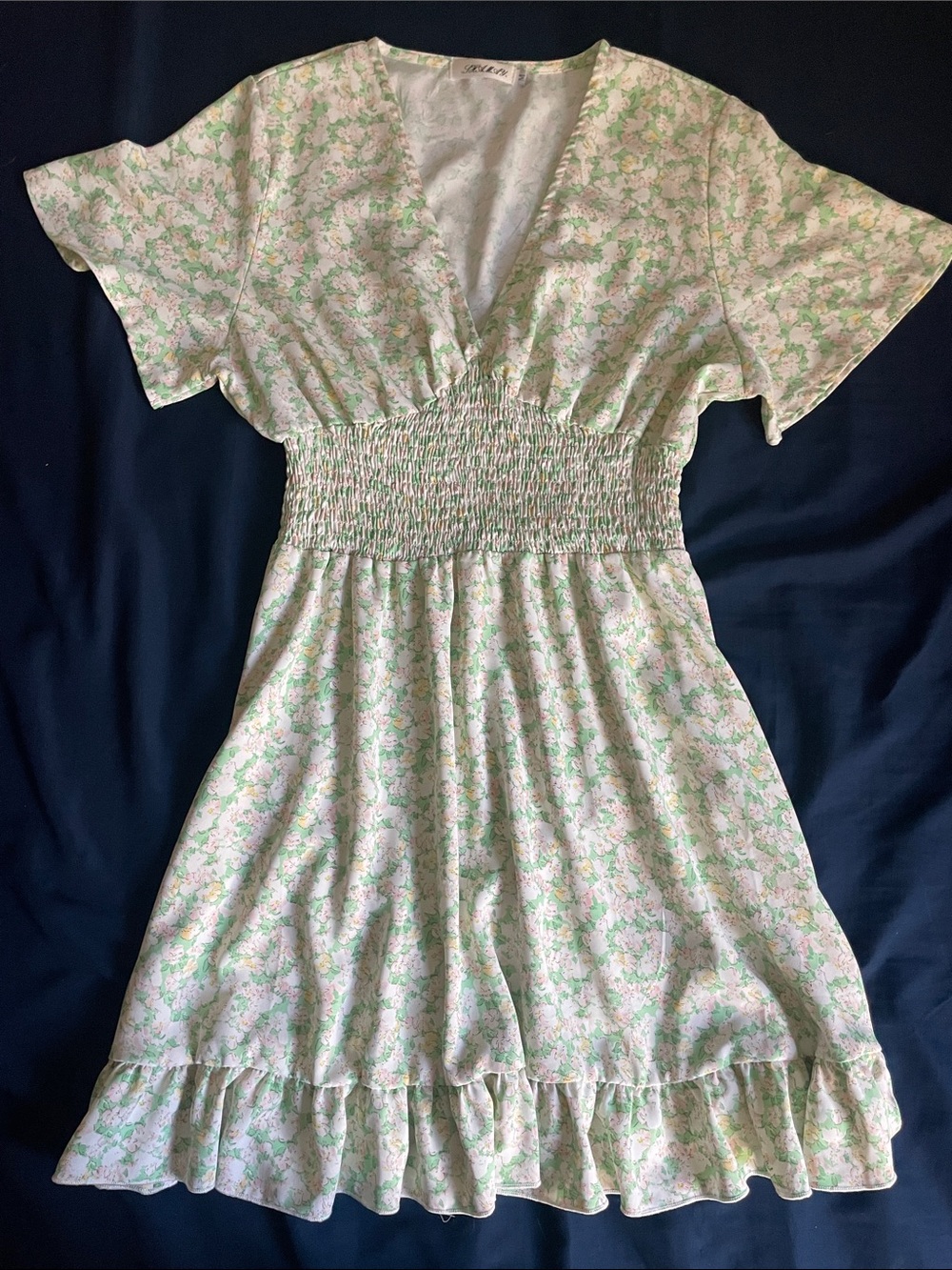 Floral Smocked Waist Mini Dress in Light Green lovely for the summer